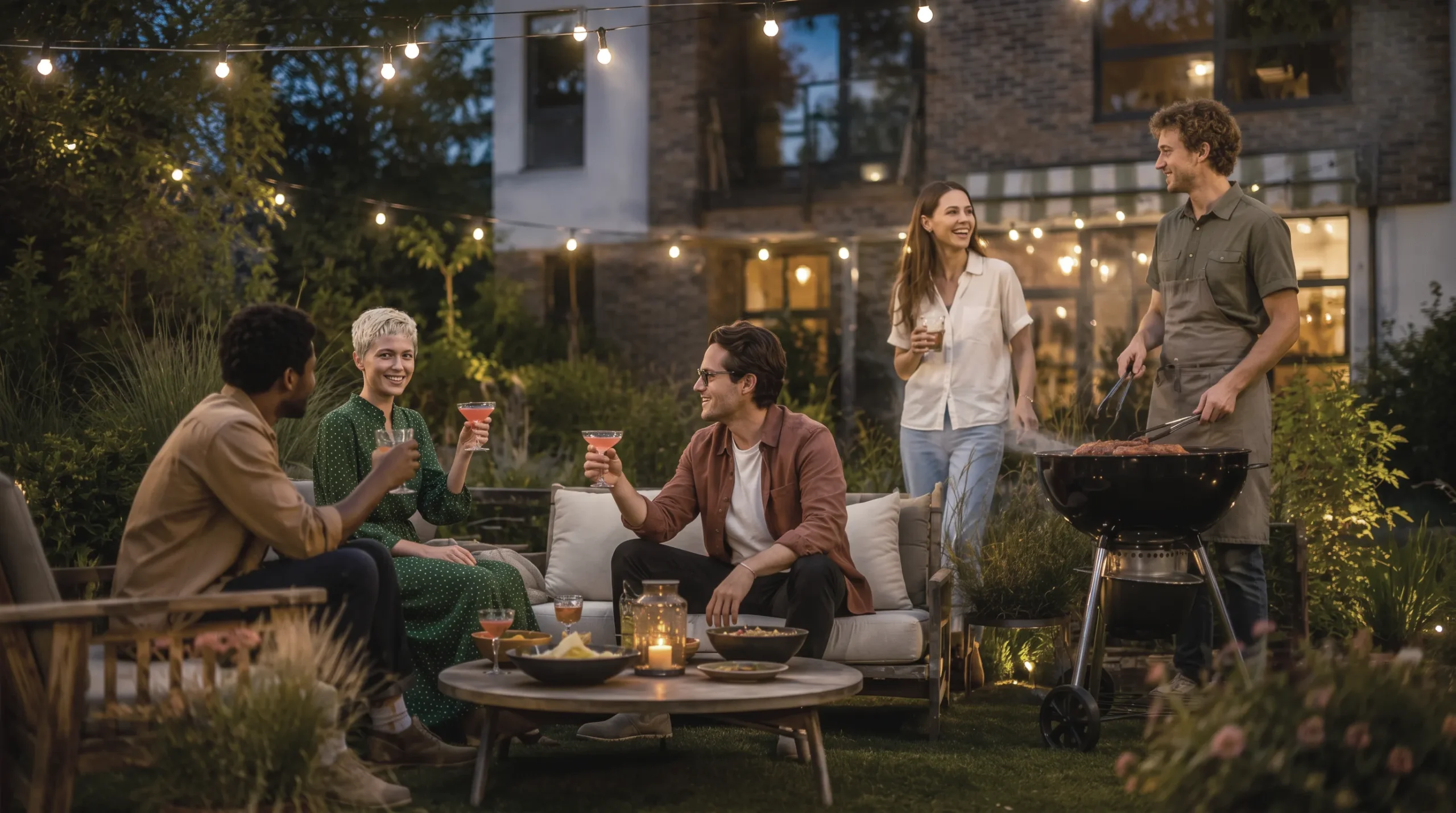 Freunde genießen einen Grillabend im Garten eines modernen Hauses mit gemütlicher Sitzgruppe und Lichterkette.